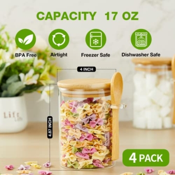 Mfacoy 4 Airtight Glass Jars with Bamboo Lids - 17oz