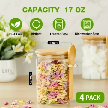 Mfacoy 4 Airtight Glass Jars with Bamboo Lids - 17oz