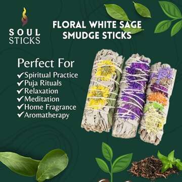 SOUL STICKS Smudge Stick Variety Gift Set | Bulk Sage Bundles for Space Cleansing | Smudging Wand Gift Set with Smudge Guide (Floral Sage, 6 Pack)