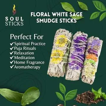SOUL STICKS Smudge Stick Variety Gift Set | Bulk Sage Bundles for Space Cleansing | Smudging Wand Gift Set with Smudge Guide (Floral Sage, 6 Pack)
