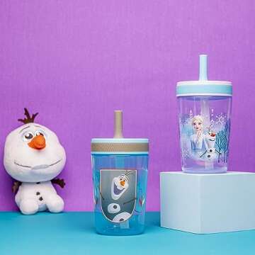 Zak Designs Disney Frozen II Movie Kelso Tumbler Set, Leak-Proof Screw-On Lid with Straw, Made of Durable Plastic and Silicone, Perfect Bundle for Kids (Frozen 2 Olaf, 15 oz, BPA-Free, 2pc Set)