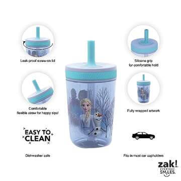 Zak Designs Disney Frozen II Movie Kelso Tumbler Set, Leak-Proof Screw-On Lid with Straw, Made of Durable Plastic and Silicone, Perfect Bundle for Kids (Frozen 2 Olaf, 15 oz, BPA-Free, 2pc Set)