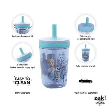 Zak Designs Disney Frozen II Movie Kelso Tumbler Set, Leak-Proof Screw-On Lid with Straw, Made of Durable Plastic and Silicone, Perfect Bundle for Kids (Frozen 2 Olaf, 15 oz, BPA-Free, 2pc Set)
