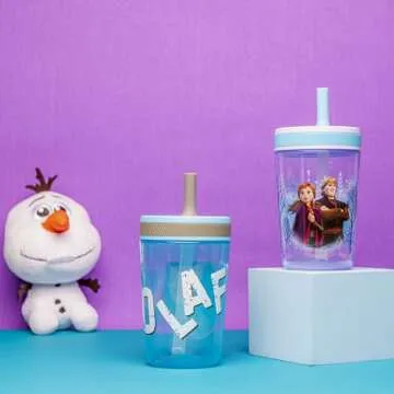 Zak Designs Disney Frozen II Movie Kelso Tumbler Set, Leak-Proof Screw-On Lid with Straw, Made of Durable Plastic and Silicone, Perfect Bundle for Kids (Frozen 2 Olaf, 15 oz, BPA-Free, 2pc Set)