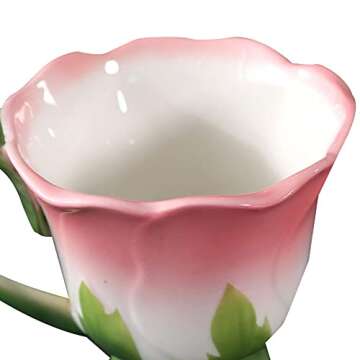 ENCOFT Hand Crafted Collection Porcelain Coffee Tea Cup Sets with Saucer and Spoon Rose Shape Design (Pink)