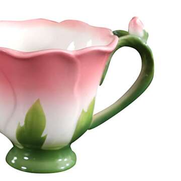 ENCOFT Hand Crafted Collection Porcelain Coffee Tea Cup Sets with Saucer and Spoon Rose Shape Design (Pink)