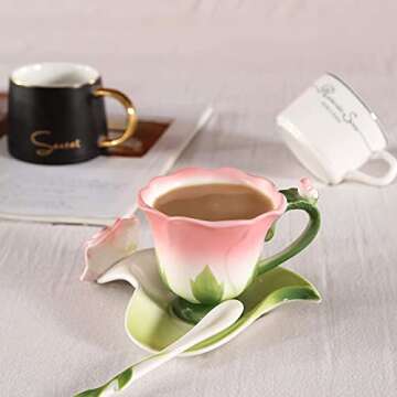 ENCOFT Hand Crafted Collection Porcelain Coffee Tea Cup Sets with Saucer and Spoon Rose Shape Design (Pink)