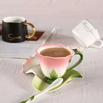 ENCOFT Hand Crafted Collection Porcelain Coffee Tea Cup Sets with Saucer and Spoon Rose Shape Design (Pink)