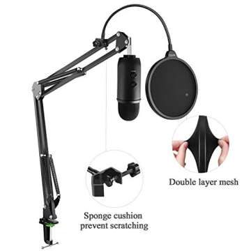 YOTTO Microphone Stand Adjustable Studio Mic Stand Suspension Boom Scissor Arm with Pop Filter Windscreen, 3* Cable Ties, for Blue Yeti, Snowball & Other Microphones Radio Broadcasting, Recording