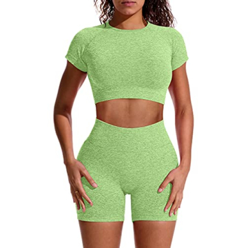 GXIN Women Workout 2 Piece Outfit Yoga Stretch Top Set High Waist Sport Shorts Lightgreen