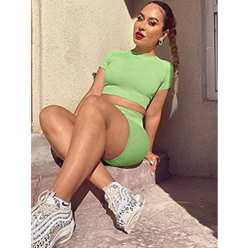 GXIN Women Workout 2 Piece Outfit Yoga Stretch Top Set High Waist Sport Shorts Lightgreen