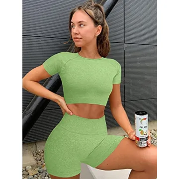 GXIN Women Workout 2 Piece Outfit Yoga Stretch Top Set High Waist Sport Shorts Lightgreen