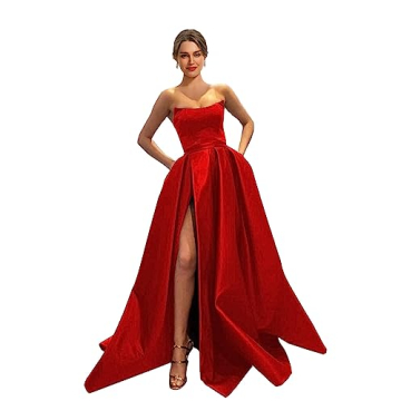 MllesReve Womens Long Strapless Satin Prom Dress Sleeveless Slit Evening Ball Gown with Pockets Red ...