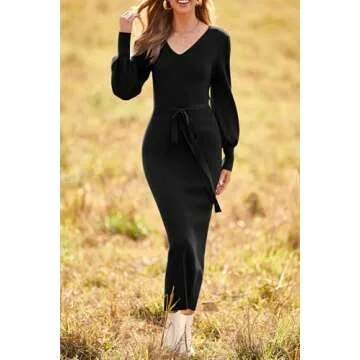 PRETTYGARDEN Women's Elegant Long Lantern Sleeve Sweater Dress