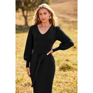 PRETTYGARDEN Women's Elegant Long Lantern Sleeve Sweater Dress