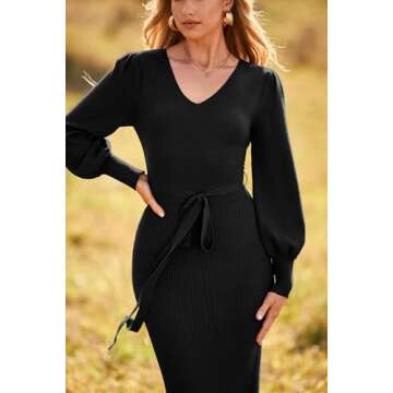PRETTYGARDEN Women's Elegant Long Lantern Sleeve Sweater Dress