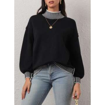 CHYRII Women Fall Fashion 2024 Sweater Overiszed Batwing Long Sleeve Striped Turtleneck Pullover Sweater Top Outfits Black+White M