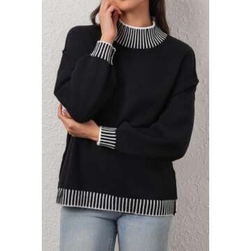 CHYRII Women Fall Fashion 2024 Sweater Overiszed Batwing Long Sleeve Striped Turtleneck Pullover Sweater Top Outfits Black+White M