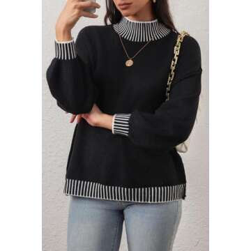 CHYRII Women Fall Fashion 2024 Sweater Overiszed Batwing Long Sleeve Striped Turtleneck Pullover Sweater Top Outfits Black+White M