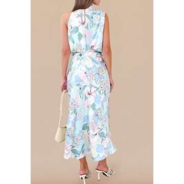 PRETTYGARDEN Women's 2025 Summer Satin Dress Elegant Sleeveless Mock Neck Cocktail Party Maxi Dresses (Print Blue,Small)