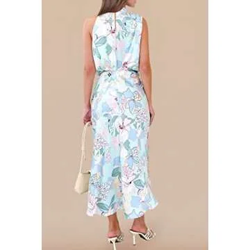 PRETTYGARDEN Women's 2025 Summer Satin Dress Elegant Sleeveless Mock Neck Cocktail Party Maxi Dresses (Print Blue,Small)