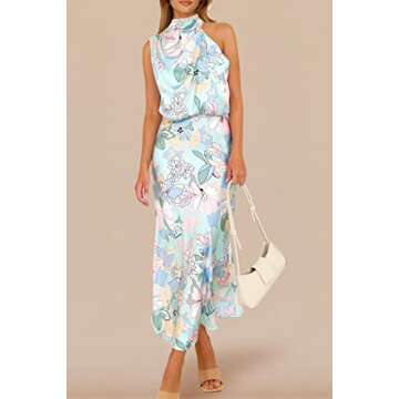 PRETTYGARDEN Women's 2025 Summer Satin Dress Elegant Sleeveless Mock Neck Cocktail Party Maxi Dresses (Print Blue,Small)