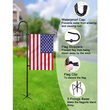 Garden Flag Holder Stand with Shepherd Hook for 14'' x 20'' Flags Upgraded Flagole with 2 Spring Sto...
