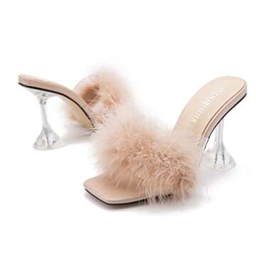 LIURUIJIA Women's Square Toe Feathers High Heels Fur Mules Sandals Fuzzy Fluffy Wedding Bridal Party Dress Shoes Nude 36 US 6
