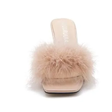 LIURUIJIA Women's Square Toe Feathers High Heels Fur Mules Sandals Fuzzy Fluffy Wedding Bridal Party Dress Shoes Nude 36 US 6
