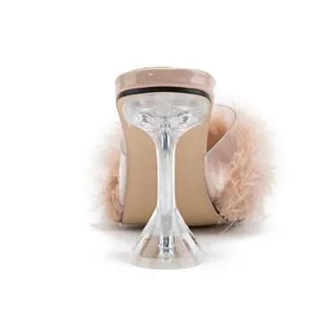 LIURUIJIA Women's Square Toe Feathers High Heels Fur Mules Sandals Fuzzy Fluffy Wedding Bridal Party Dress Shoes Nude 36 US 6
