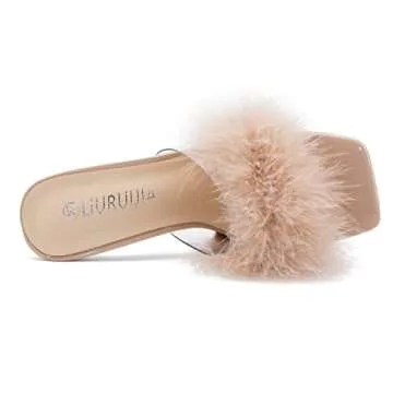 LIURUIJIA Women's Square Toe Feathers High Heels Fur Mules Sandals Fuzzy Fluffy Wedding Bridal Party Dress Shoes Nude 36 US 6