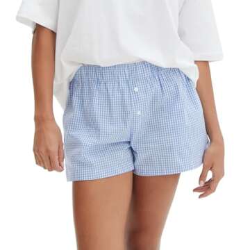 Women Pajamas Shorts Y2k Plaid Elastic Waist Boxer Pj Bottoms Casual Lounge Sleep Shorts (C-Sky Blue, L)
