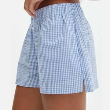 Women Pajamas Shorts Y2k Plaid Elastic Waist Boxer Pj Bottoms Casual Lounge Sleep Shorts (C-Sky Blue, L)
