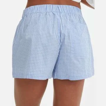 Women Pajamas Shorts Y2k Plaid Elastic Waist Boxer Pj Bottoms Casual Lounge Sleep Shorts (C-Sky Blue, L)