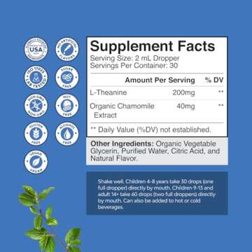 High Absorption L-Theanine Liquid Drops - Nootropic Focus Supplement with L Theanine 200mg Per Serving and Chamomile Extract - L Theanine Supplement for Adults and Kids Relaxation and Focus - 2oz