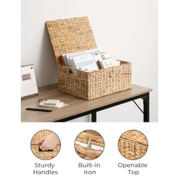 StorageWorks Large Water Hyacinth Baskets for Organizing, Wicker Basket with Lid for Shelves, Storage Basket with Lid and Built-in Handles, 1 Pack
