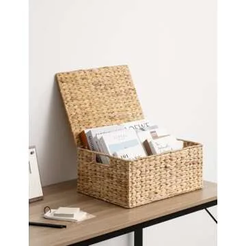 StorageWorks Large Water Hyacinth Baskets for Organizing, Wicker Basket with Lid for Shelves, Storage Basket with Lid and Built-in Handles, 1 Pack
