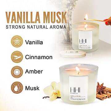 HHI All-Natural Scented Soy Candle | Vanilla Musk | A Blend of Cinnamon and Amber | Large 8 Ounce Single Wick | Long Burn time