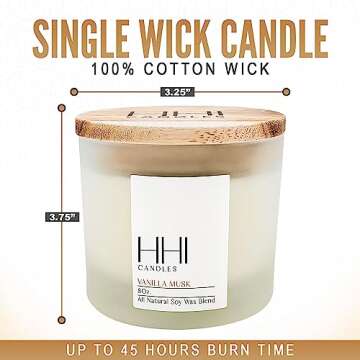 HHI All-Natural Scented Soy Candle | Vanilla Musk | A Blend of Cinnamon and Amber | Large 8 Ounce Single Wick | Long Burn time