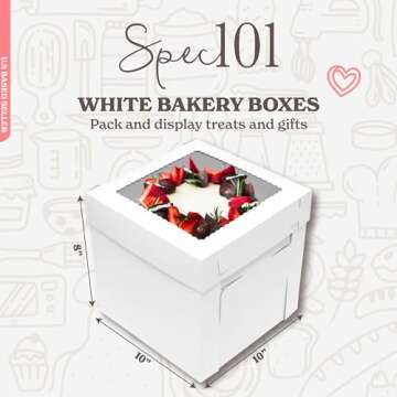 Spec101 Cake Boxes with Window 25pk 10 x 10 x 8in White Bakery Boxes, Disposable Cake Containers, De...