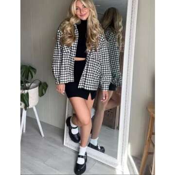 Yimoon Plaid Jacket Women Casual Houndstooth Jacket Flannel Shacket Loose Long Sleeve Shirt Button Down Shacket with Pockets