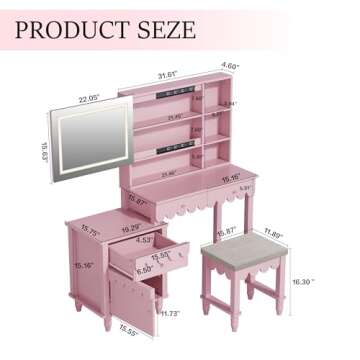 Pink Makeup Vanity Desk With 3 Color Touch Screen Lighted Sliding Mirror, Scalloped Large Vanity Tab...