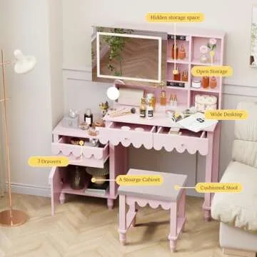 Elegant Pink Makeup Vanity Desk with LED Light Mirror