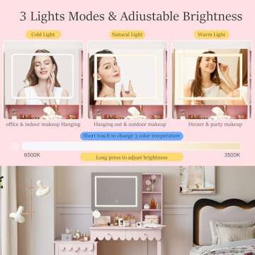 Pink Makeup Vanity Desk With 3 Color Touch Screen Lighted Sliding Mirror, Scalloped Large Vanity Table Set with Storage & Drawers Fluted Petal Pattern Dressing Table with Cushioned Stool for Bedroom