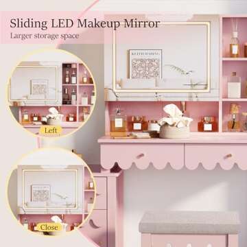 Pink Makeup Vanity Desk With 3 Color Touch Screen Lighted Sliding Mirror, Scalloped Large Vanity Table Set with Storage & Drawers Fluted Petal Pattern Dressing Table with Cushioned Stool for Bedroom