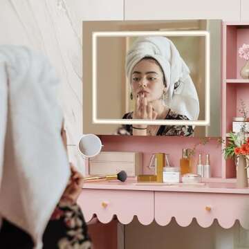 Pink Makeup Vanity Desk With 3 Color Touch Screen Lighted Sliding Mirror, Scalloped Large Vanity Table Set with Storage & Drawers Fluted Petal Pattern Dressing Table with Cushioned Stool for Bedroom