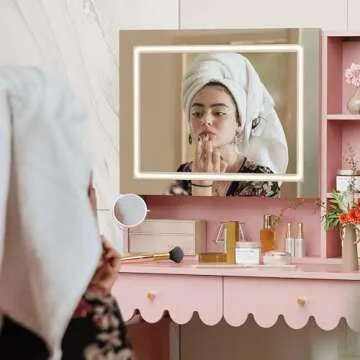 Elegant Pink Makeup Vanity Desk with LED Light Mirror