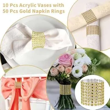 10 Pcs Acrylic Clear Vases for Wedding Centerpieces, 31.5" Tall Flower Vases, Engagement Home Party Table Decor Centerpiece Vases, Rectangular Acrylic Flower Stand with 50 Pcs Gold Napkin Rings