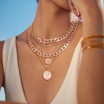 MJartoria Gold Layered Necklaces for Women Trendy Retro Coin Pendant Necklace Dainty Chunky Chain Choker Necklaces for Jewelry Birthday Gifts (Rose Gold, A-Retro Coin-5 in 1 Layered)