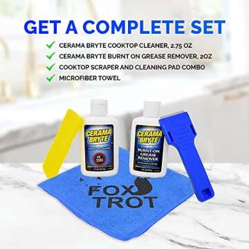 Cerama Bryte Complete Cooktop Cleaner Kit - Includes Cerama Bryte Glass Stove Top Cleaner - Burnt On Grease Remover For Ceramic Stovetop - Scraper, Scrubber & Foxtrot Microfiber - Removes Tough Stains